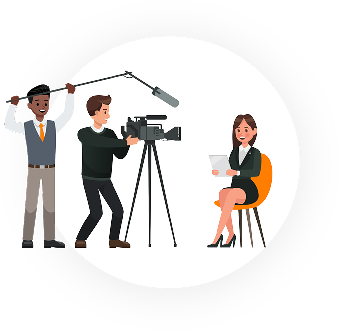 Illustration of woman sitting in chair being filmed by a camera crew