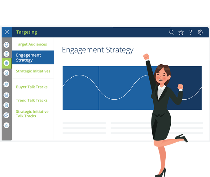 Engagement Strategy illustration with dashboard screen and woman celebrating