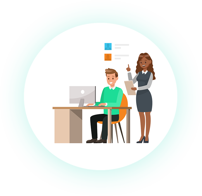 sales enablement built in reporting illustration of man sitting at desk on desktop with woman standing holding document in hand.